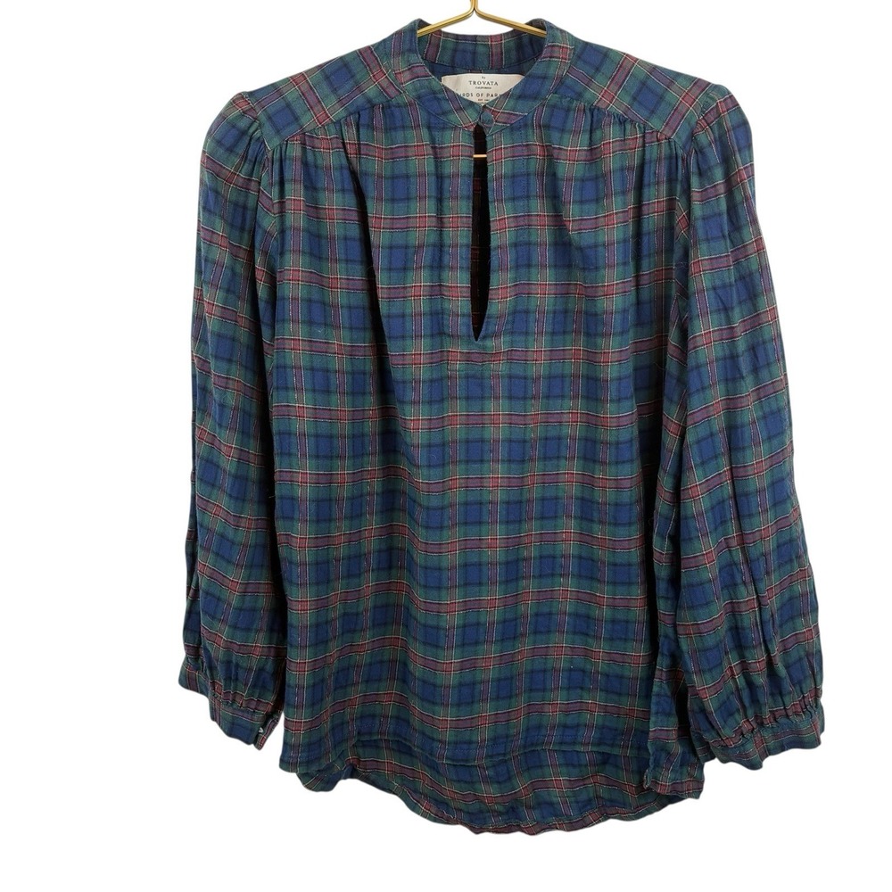 by Trovata California Birds of Paradis BLue Green Red Plaid‎ Ruffle Blouse Sz XS